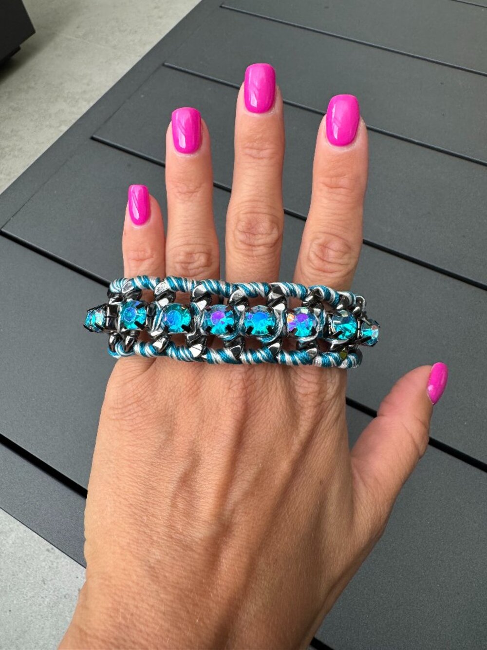 Turquoise & Silver Braided Crystal Statement Rhinestone Boho Bracelet